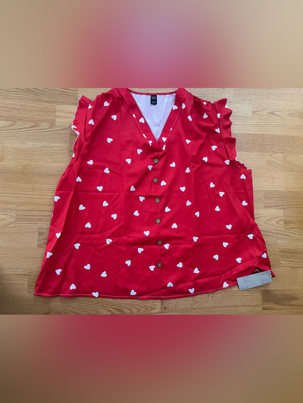 Red Heart-Print V-Neck Button Front Women's Top